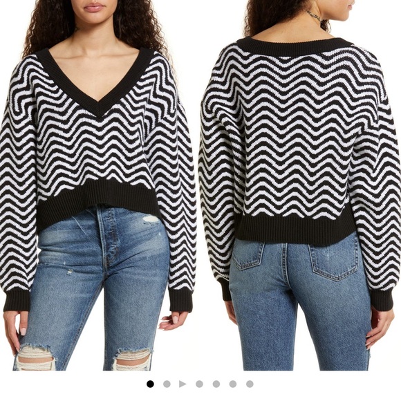 PacSun Intarsia V-Neck black white zig zag stripe crop sweater size Large - Picture 6 of 8
